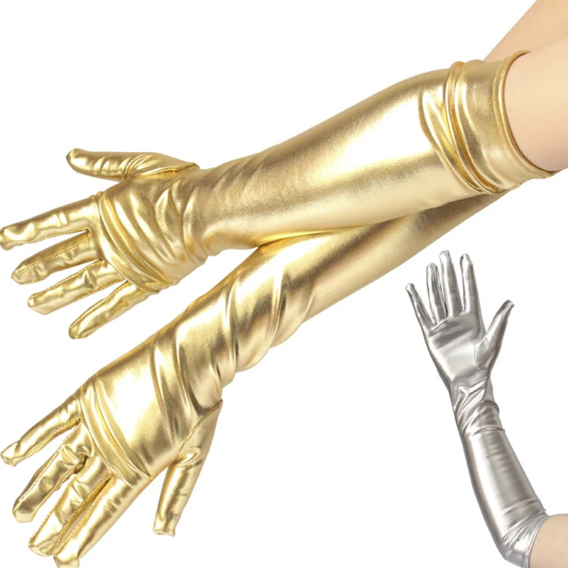 Ladies Gold Silver Fake Leather Metallic Gloves Evening Party Performance Mittens Women Sexy Elbow Length Long Latex Hand Wear