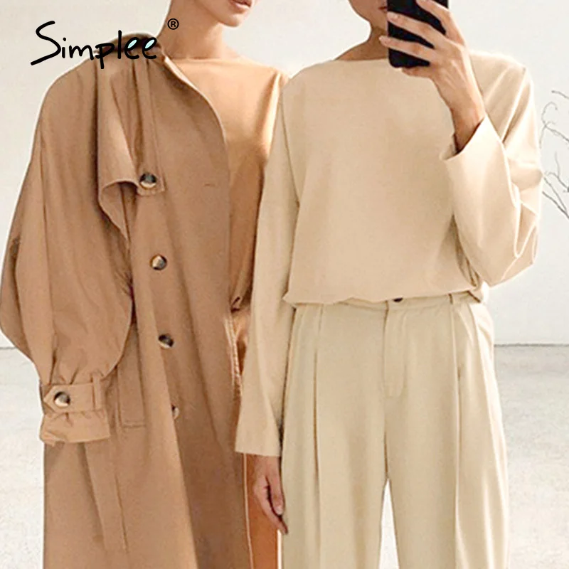 Simplee однотонная женская блузка с круглым вырезом рубашка длинным рукавом