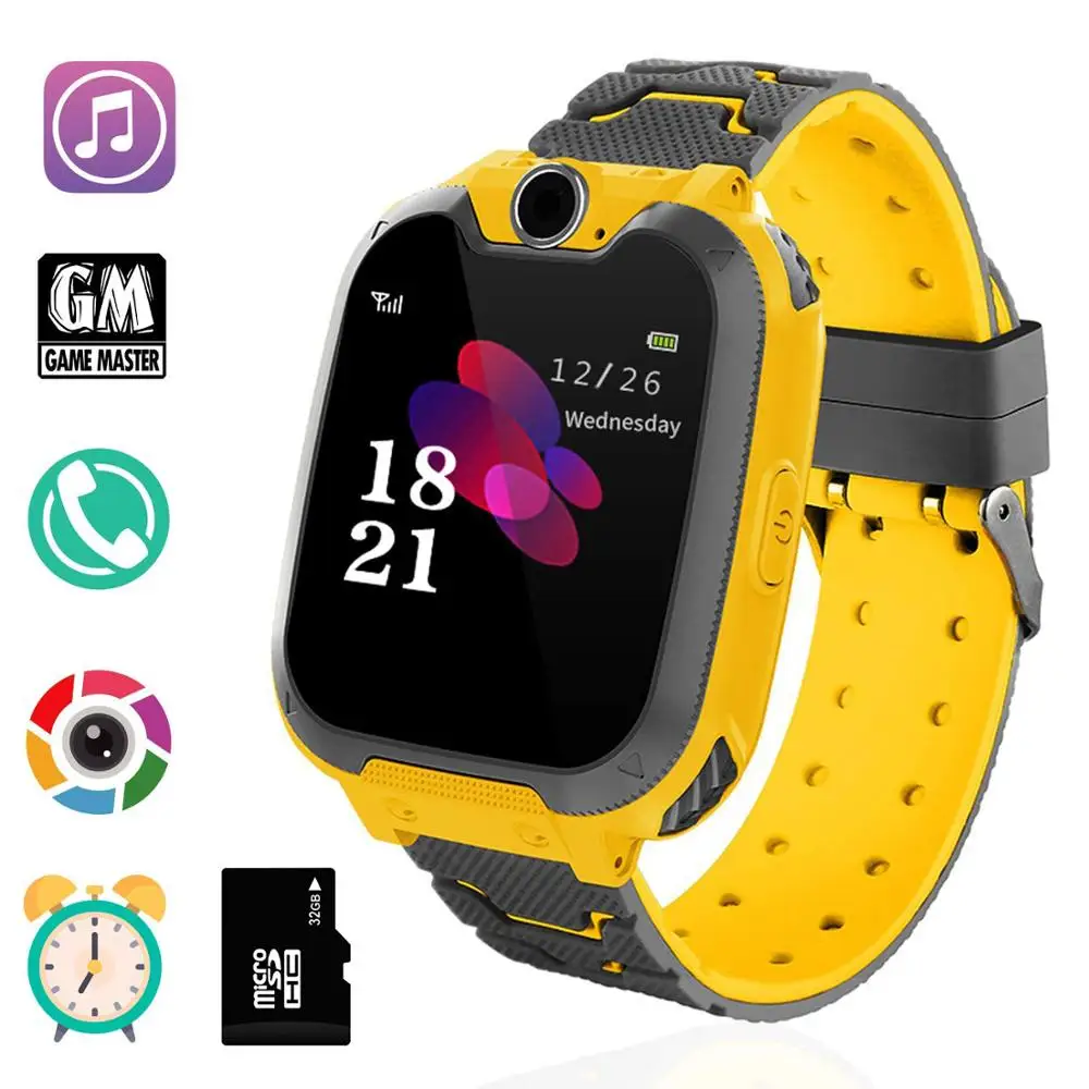 Yellow 32 GB card Mpow Kids Смарт-часы, большой экран, телефон, игровые часы с сенсорным экраном, камера, часы с SOS звонком для мальчиков и девочек, детские подарки с 32 Гб картой памяти, Детские умные часы - Цвет: Yellow 32 GB card
