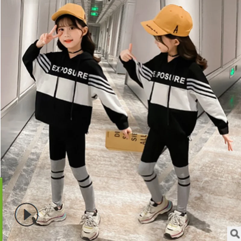 

Kids Sports Clothes Set Spring/Autumn 2021 New Girls Hoody Clothing Set Children Sets 2 Patchwork Colors 2 Piece Size4-14 ly157
