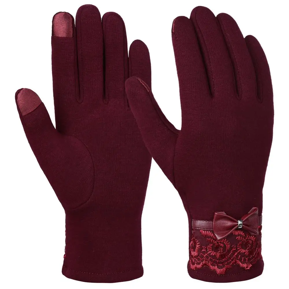 Vbiger женские перчатки толстые сенсорный экран для вождения с бантом зимние теплые