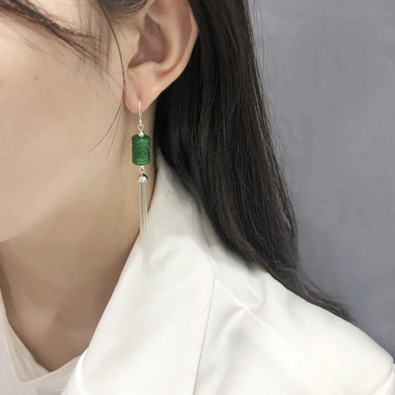 Women's Long Tassel Drop Earring Pure 925 Sterling Silver Natural Jade Handmade Gifts Fashion Jewelry 2021 Free Shipping E234 |