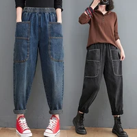 vintage blue black baggy jeans femme loose streetwear plus size boyfriend jeans for women big pockets wide leg harem denim pants