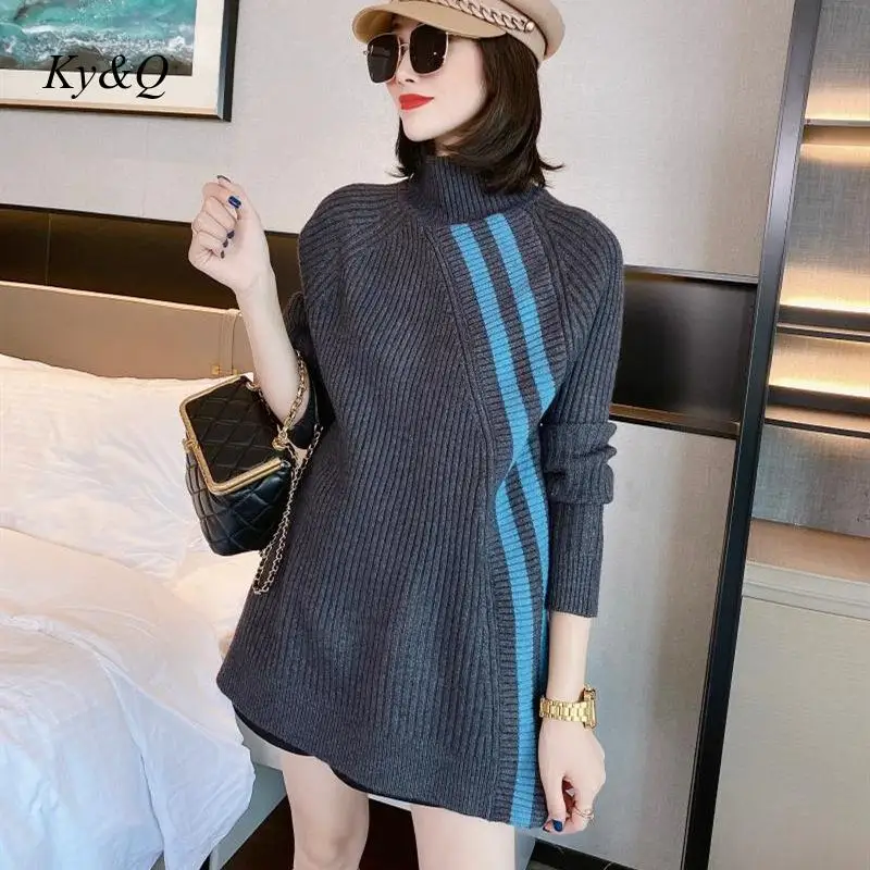 

Brand Design 2020 Striped Color-Blocking Thick Thread Knit Sweater Women High Neck Fashion Winter Elegant Long Sleeve Pullover