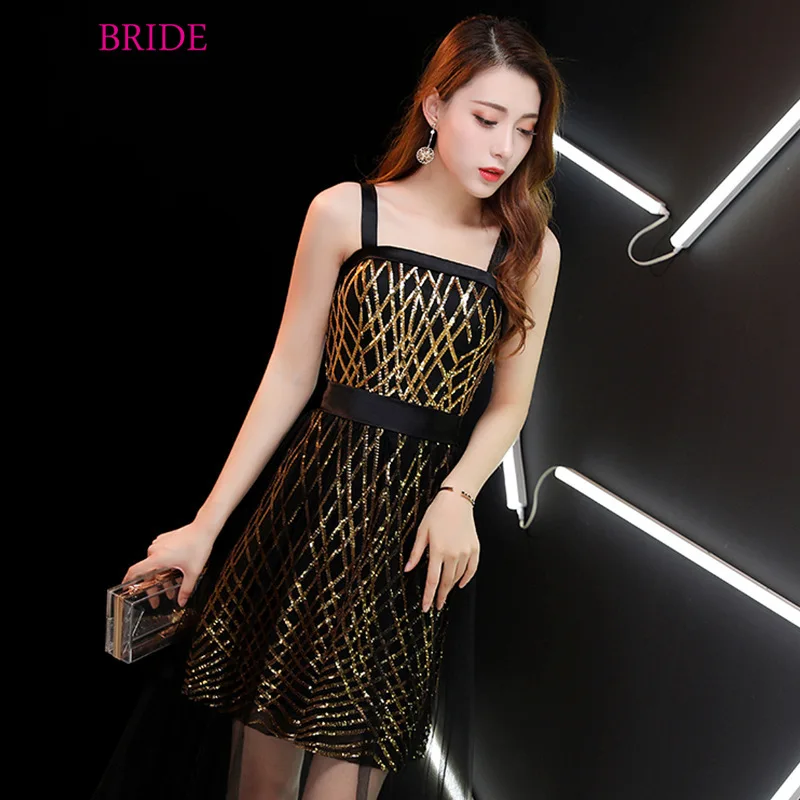 New Style Black Evening Dress ES30316 Gorgeous Gold Sequin Appliques Robe De Soiree 2019 Formal Gowns for Woman | Свадьбы и