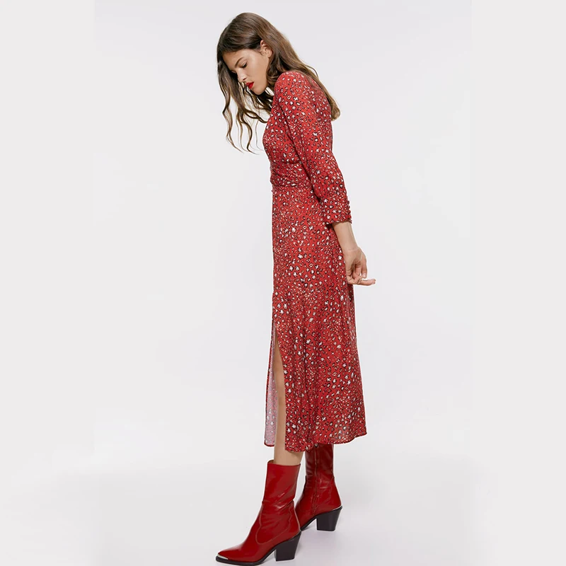 Ladyfirsy Za/2019 новые осенние платья с принтом животных и v образным вырезом красное
