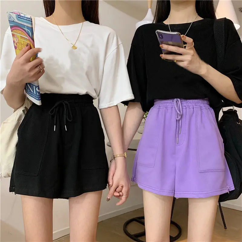 

Шорты женские спортивные однотонные на молнии, эластичные свободные штаны с завышенной талией, повседневные Простые короткие брюки в Корей...