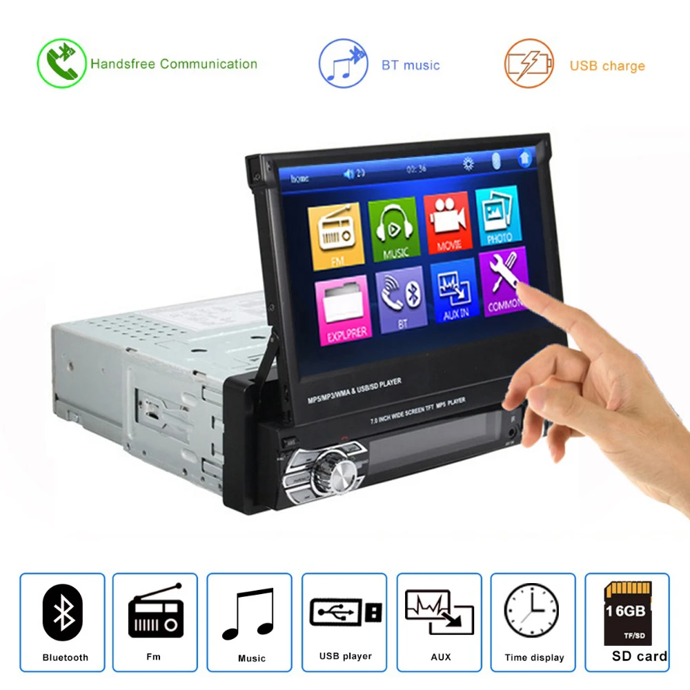 Автомагнитола 1Din Автомобильный плеер с выдвижным экраном 7 дюймов GPS Bluetooth AUX FM