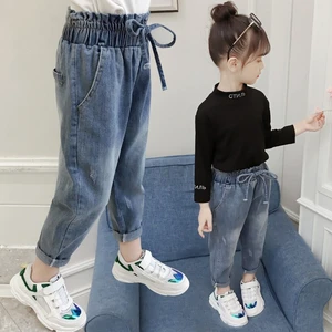 2021 Crimping Kids Jeans Spring Autumn Cute Solid Blue Drawing High Quality Children Pant Casual Trouses Baby Girls Jean Regular