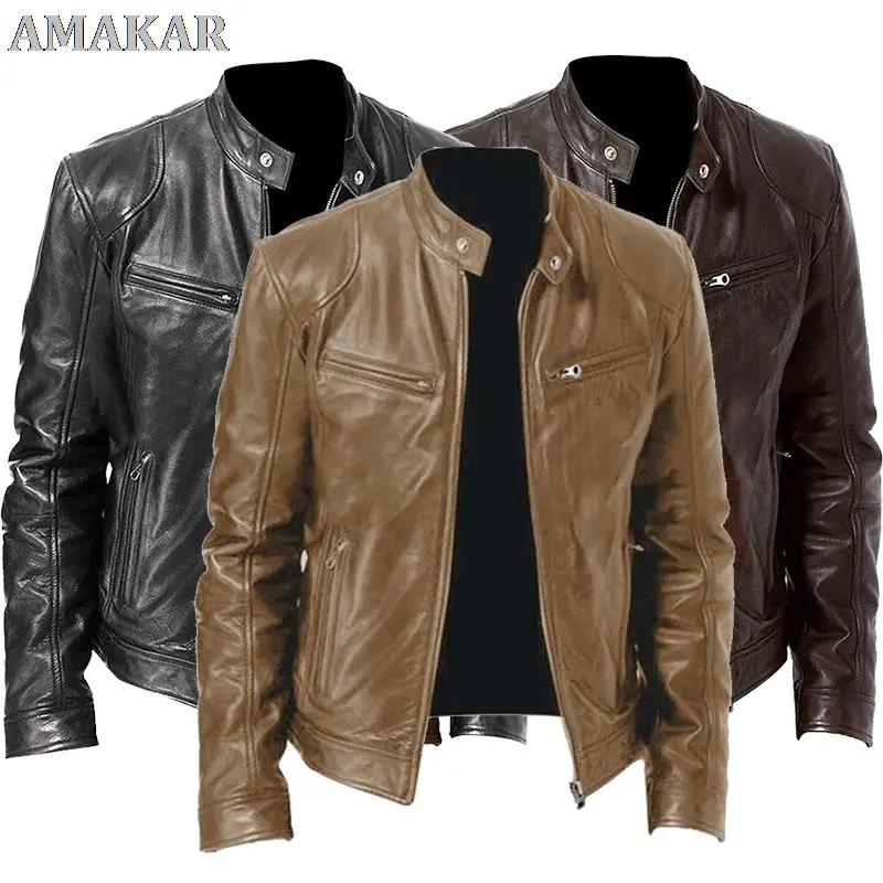 

Stand Collar Mens Coats Leather Biker Jackets Motorcycle Black Brown Leather Jacket 2022 Plus Size