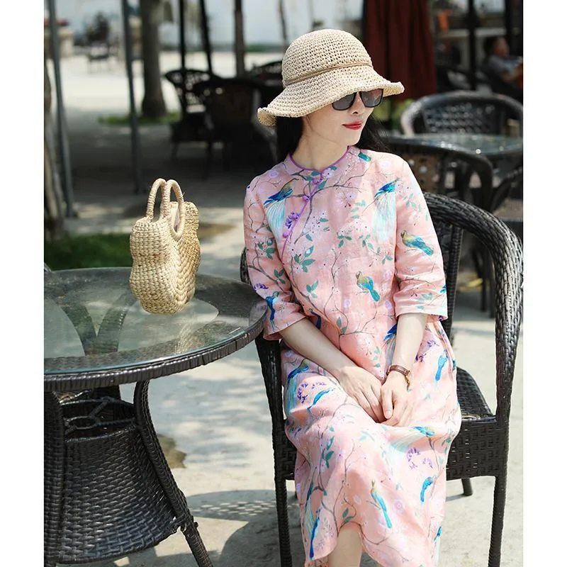 Женское свободное платье с коротким рукавом длинное хлопково льняное винтажное