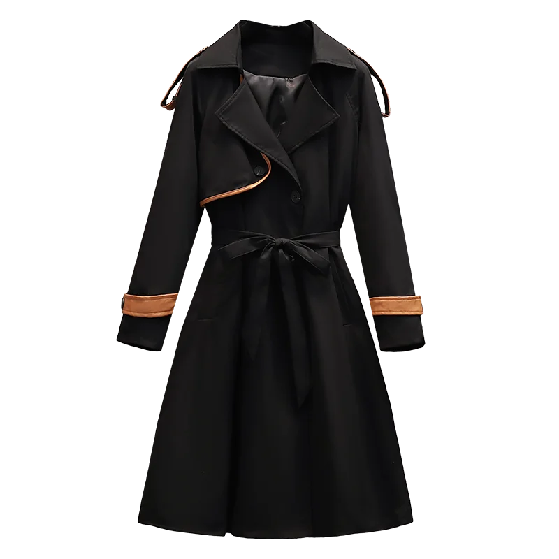 

Fashion Korean Women Trench Long Single Breasted Button Adjustable Waist Coats Blue Black Autumn Winter Plus Size Windbreaker