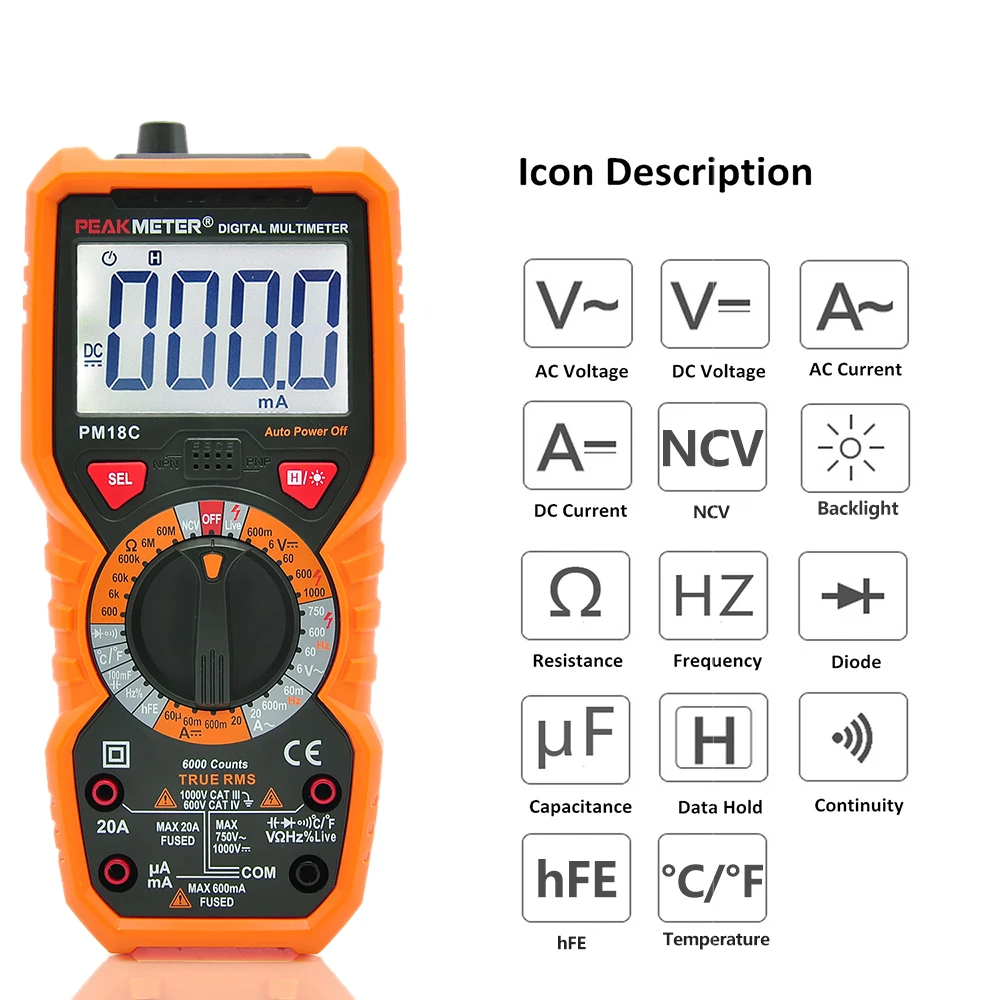 PEAKMETER PM18C мультиметр с истинным среднеквадратичным значением напряжение