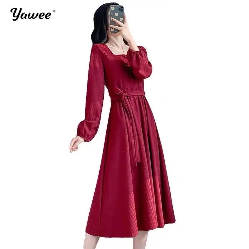 

Summer Fashion Women Red Mid Calf Long Dress Ruffles Sexy long Sleeve Party Dress slash neck Long Dresses