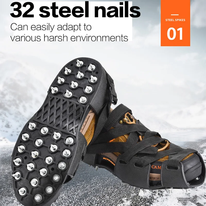 Black 32 Teeth Nail Ice Gripper Spike Shoes Anti-Slip Anti-Skid Non-slip Shoe Covers Snow Crampons Cleats Grips Climbing Boots