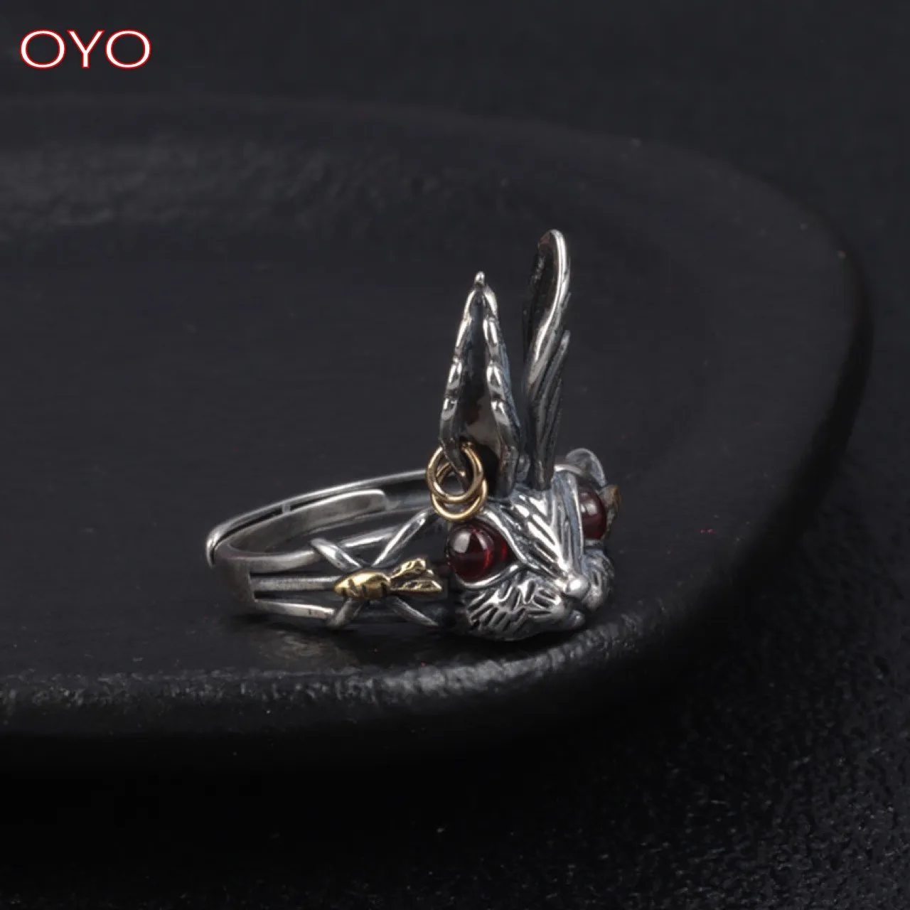 

Real s925 sterling silver big ears red eyes bunny ring, retro personality female ring