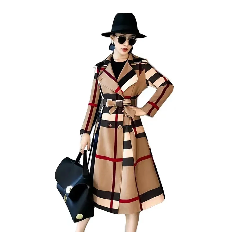 

Thickened autumn and winter new women's lapels in the long simple color matching retro plaid coat temperament windbreaker