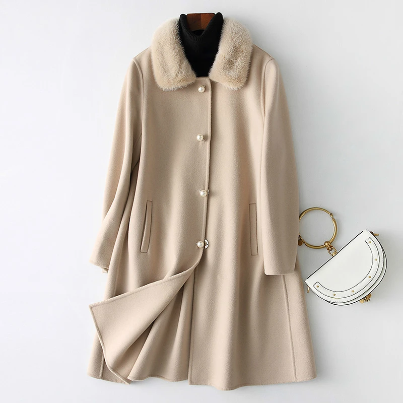 

2020 Autumn Winter New Wool Coat Female Luxury Mink Fur Collar Ladies Coats Solid Long Jackets For Women 38057 WYQ1423