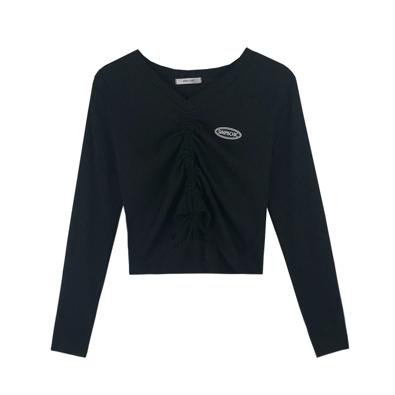 

GOOHOJIO 2020 Fashionable Drawstring Long Sleeve T-Shirts Temperament Slim LadyT-Shirt Summer V-neck Solid Women TShirts Women