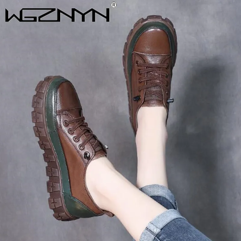 

Women Retro Shoes New Genuine PU Leather Lace-Up Spring/Autumn Retro Fashion Concise Mixed Colors Ladies Shoes Zapatos De Mujer