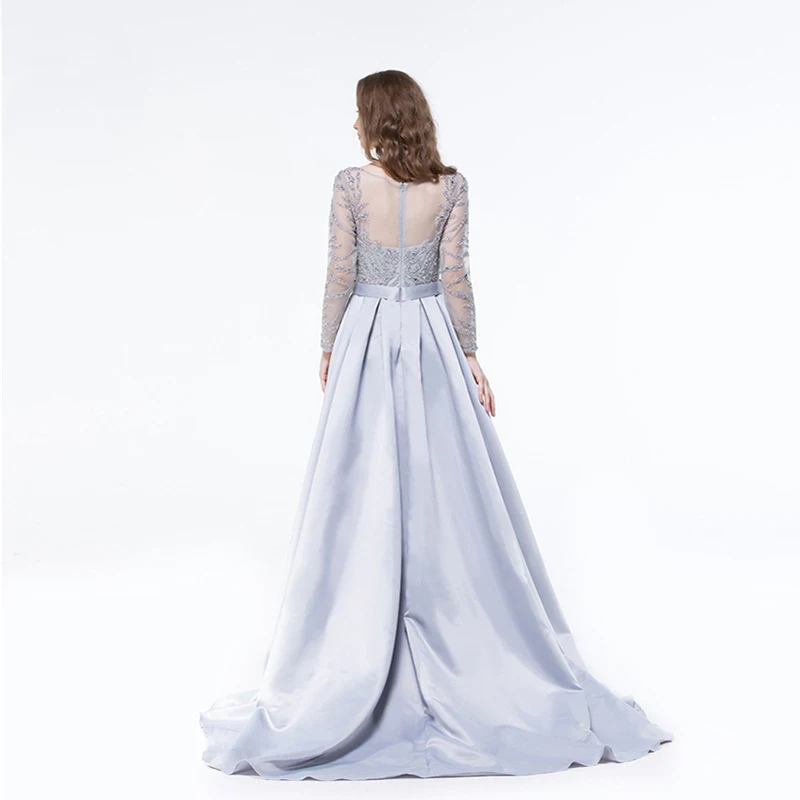 Luxury Long Sleeve Prom Dress Sheer Bateau Neck Beaded Sequins Navy Blue Red Prom Party Gowns Attached Train