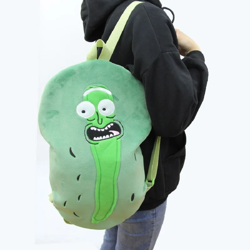 

Cartoon Ricked Morties Figure Plush School Bag Green Cucumber Children's Backpack Funny Pickled Cucumber Student Bag 45cm