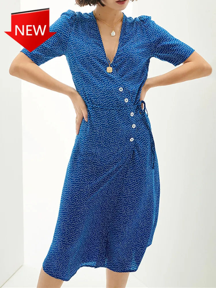 

Платье-миди женское летнее с запахом, милый приталенный сарафан в горошек, с коротким рукавом и боковыми пуговицами