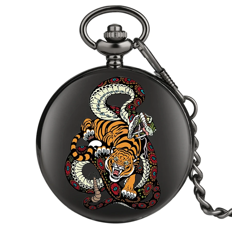 Tiger Snake Entwining Pattern Quartz Pocket Watch Chain Full Hunter Animal with Fob Best Gifts for Men Women reloj | Наручные часы