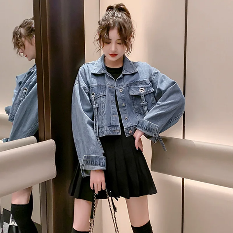 

Fashion Casual Denim Jackets Women High Waist Bandage Long Sleeve Solid Color Short Jean Coat Spring Student Pockets Outwear