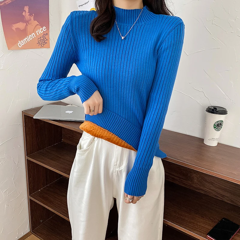 

Abrini 2021 Basics Velvet Blue Sweater Winter Women Long Johns Elegant Knitted Pullovers Long Sleeve Cashmere Warm Slim Sweate