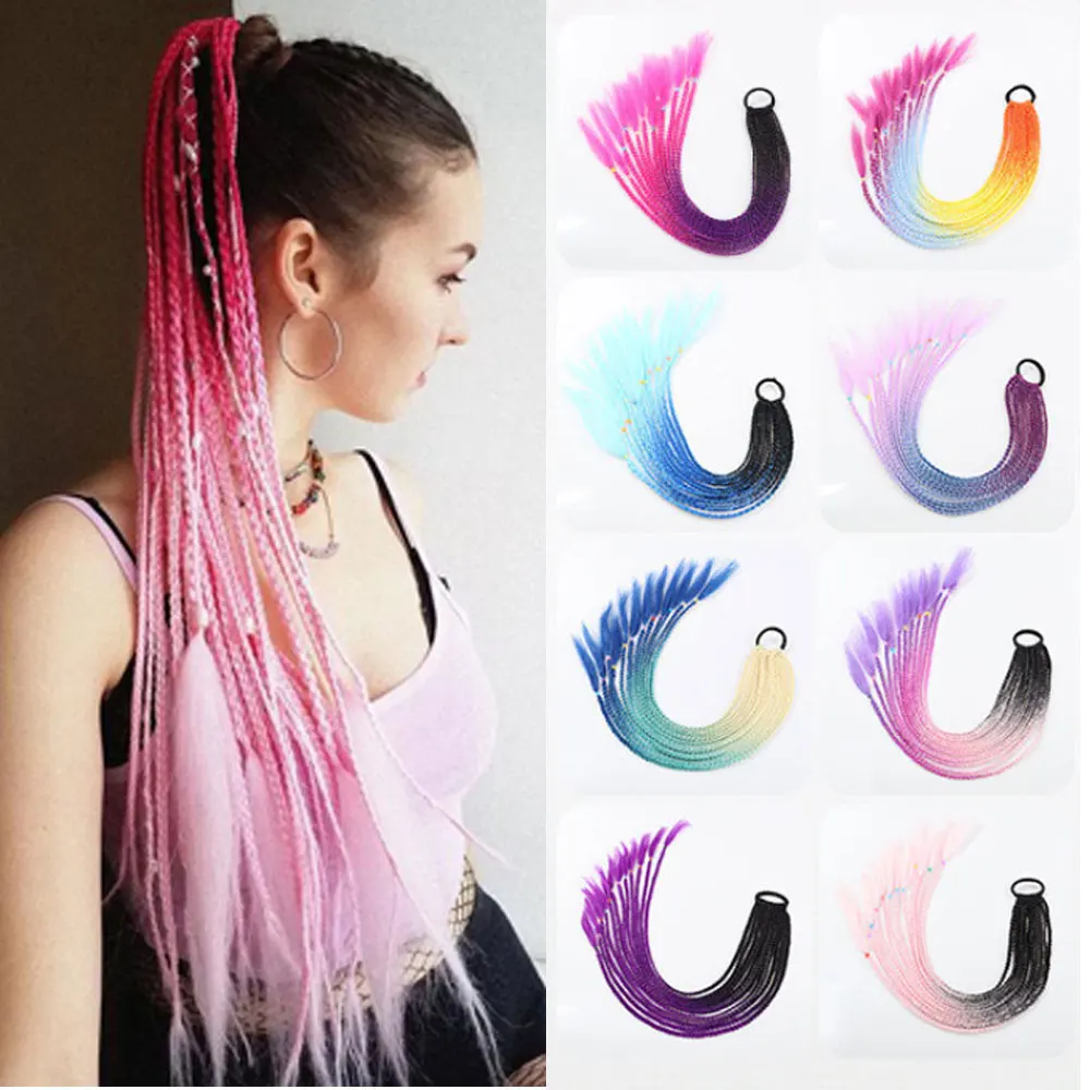 

Ponytail Hair Extensions Rainbow Hairpiece False Overhead Tail With Rubber Elastic Band Ombre Synthetic Box Braiding Horse tail