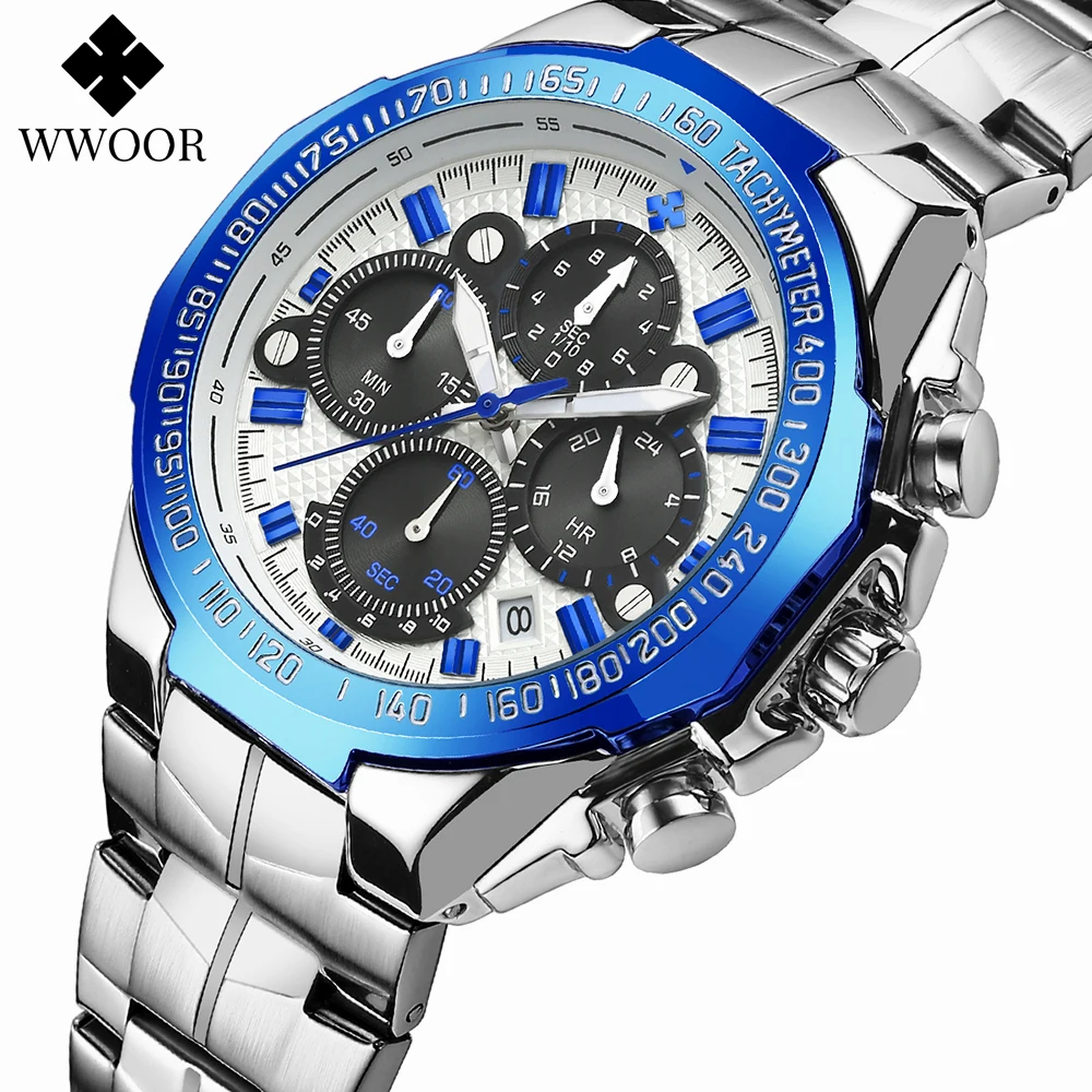 WWOOR Fashion Sports Mens Watches 2021 Luxury Man Quartz Watch Stainless Steel Waterproof Military Wrist Watch Relogio Masculino