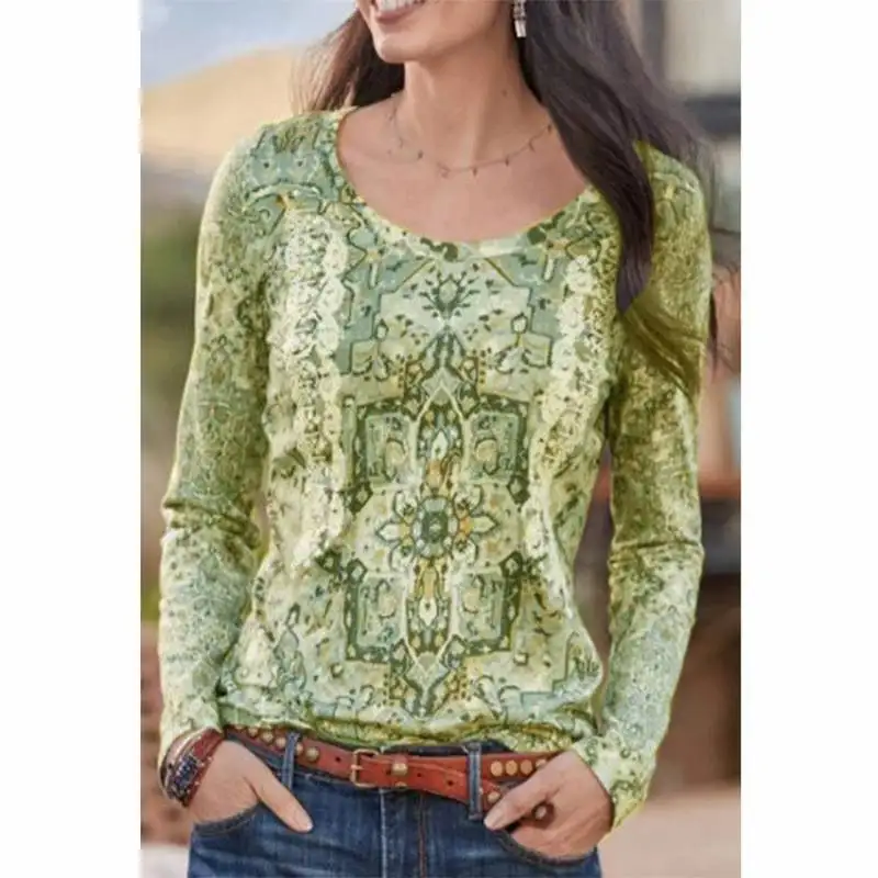 

Spring and autumn leisure long sleeve round neck folk printed T-shirt loose women's T-shirt 2021 new oversize women's top myh025