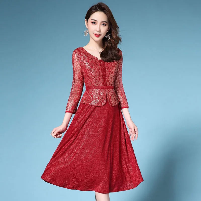 

High End Chinese Elegant Red Wedding Pleated Dress Women High Waist Floral Embroidery Midi Dresses Women 2019 Plus Size M-5XL