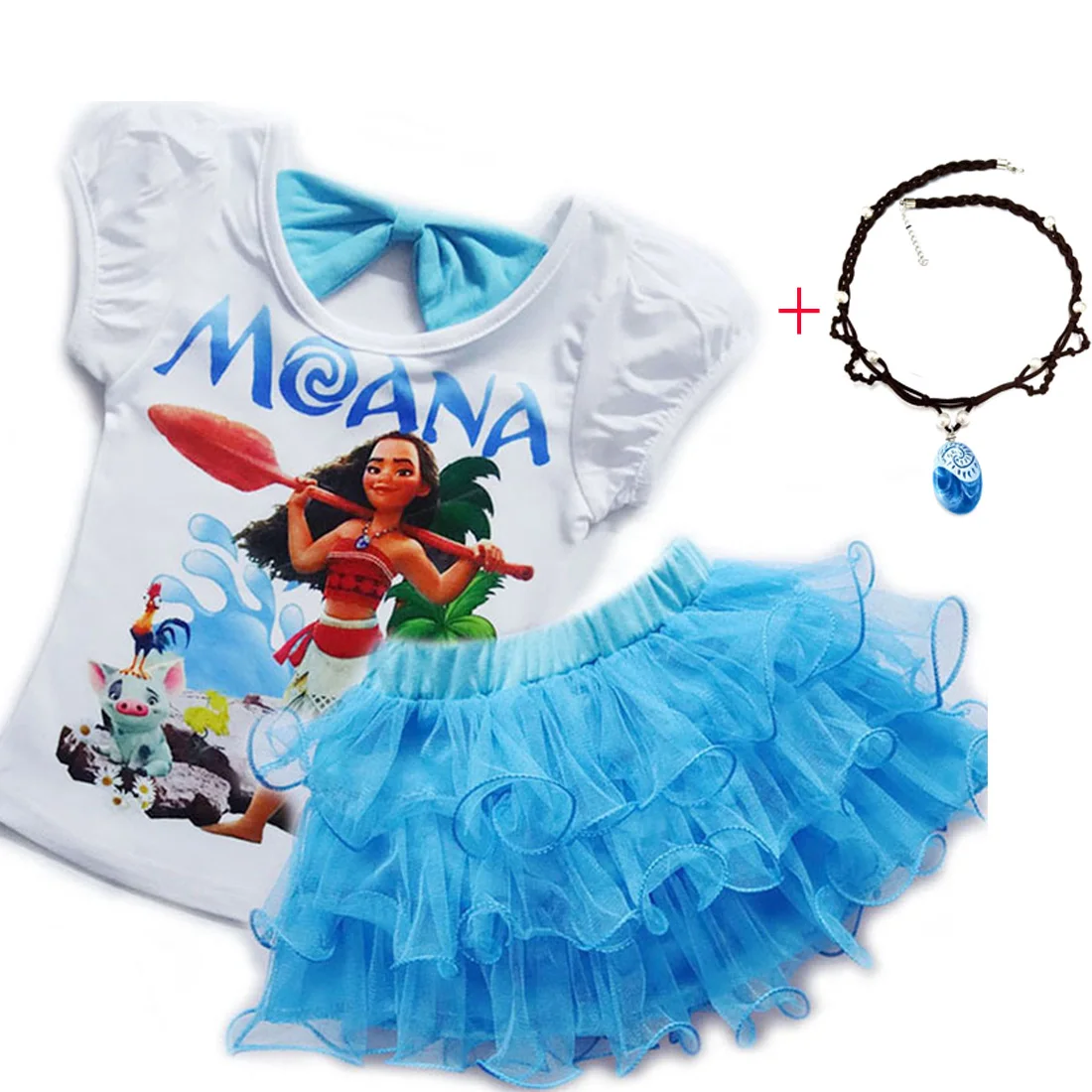 Moana/летние вечерние платья принцессы с изображением океана для маленьких девочек, платье с рисунком Моаны для детей, От 3 до 12 лет Одежда для девочек футболка+ короткая юбка - Цвет: FZ912-necklace
