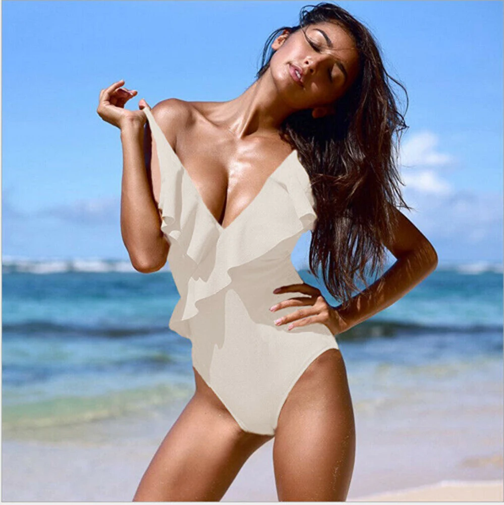 

Push Up Bikini Sets Swimwear Womens Swimming Costume Padded Lotus Sleeve Solid Color Swimsuit Monokini