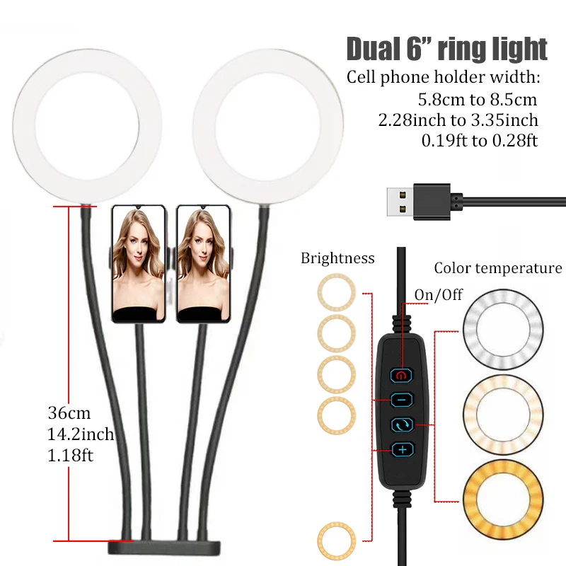 Двойной кольцевой светодиодный светильник BFOLLOW 6 дюймов 3 5 дюйма с регулируемой