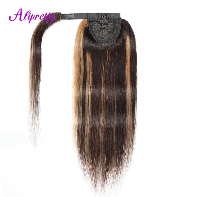 

Alipretty Ponytail Human Hair Wrap Around Malaysian Straight Higlight P4/27 Clip In Extensions for Black Women Remy Ponytail