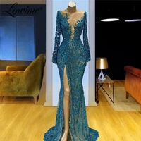 lowime lace applique beading evening dresses formal long sleeves mermaid split side arabic party dress 2021 plus size prom gowns