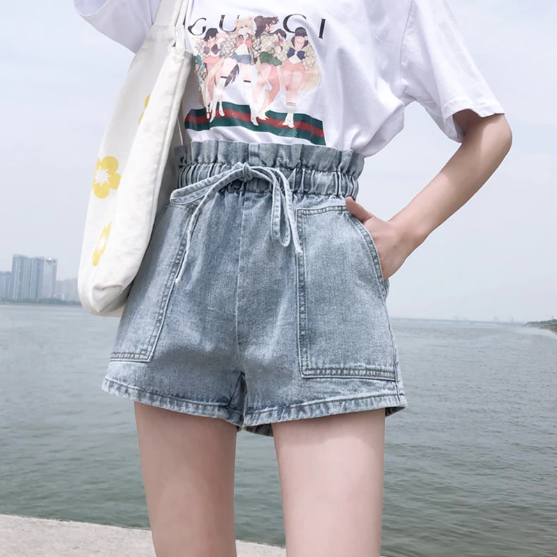 

Limiguyue Summer Chic Bandage High Waist Short Jeans Elastic Loose Jean Shorts Women Casual Vintage Denim Shorts K788