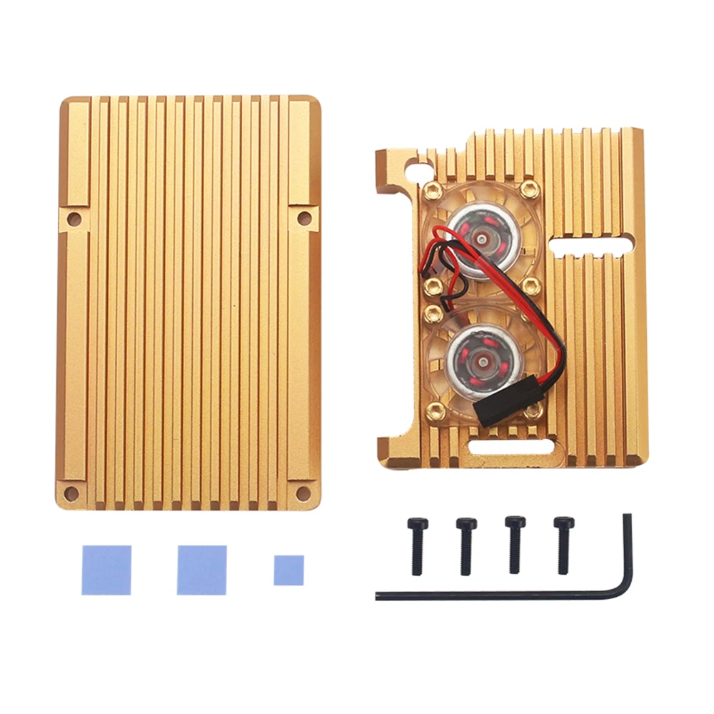 Металлический чехол для Raspberry Pi 4 Gold алюминиевый 3 с двойным вентилятором и
