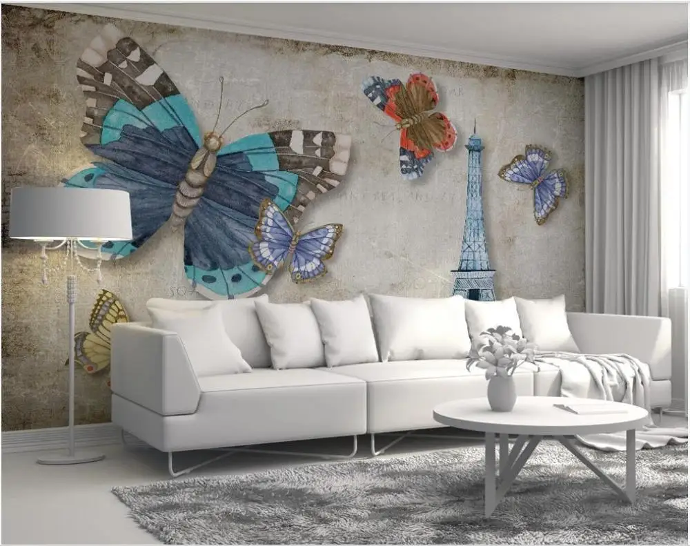 

Custom photo wallpaper for walls 3 d Cartoons murals Modern nostalgic retro butterfly Paris tower background wall mural decor