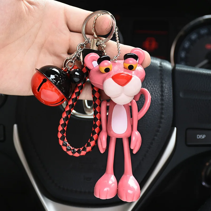 

Cartoon Cute Animal Anime Pink Panther Key Chain Rabbit Fur Ball Pom Pom Key Rings Bells Key Chains Women Car Bag Charms Pendan