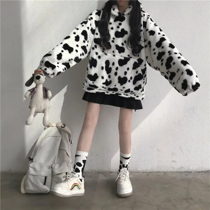 

Thicker Hoodies Women Kawaii Cow-printed Chic Hooded Soft Autumn Fashion Ulzzang Girls Sweatshirt All-match Casual Femme Clothes