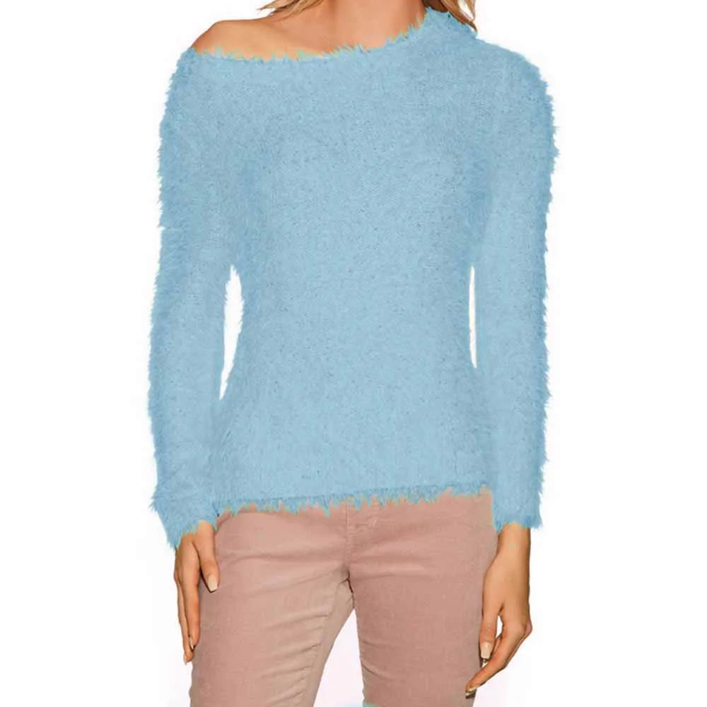 Женский однотонный теплый свитер с круглым вырезом тонкий длинными рукавами