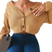 women batwing long sleeve cardigan v neck button down loose sweater coat chunky cable knit solid color cropped outwear
