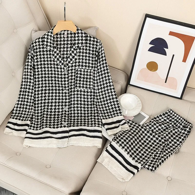 

PAJAMAS Print Houndstooth Lady Nightwear Sleepwear Silky Satin Pijamas Suit Casual Loose 2PCS Shirt&Pant Spring Home Clothes