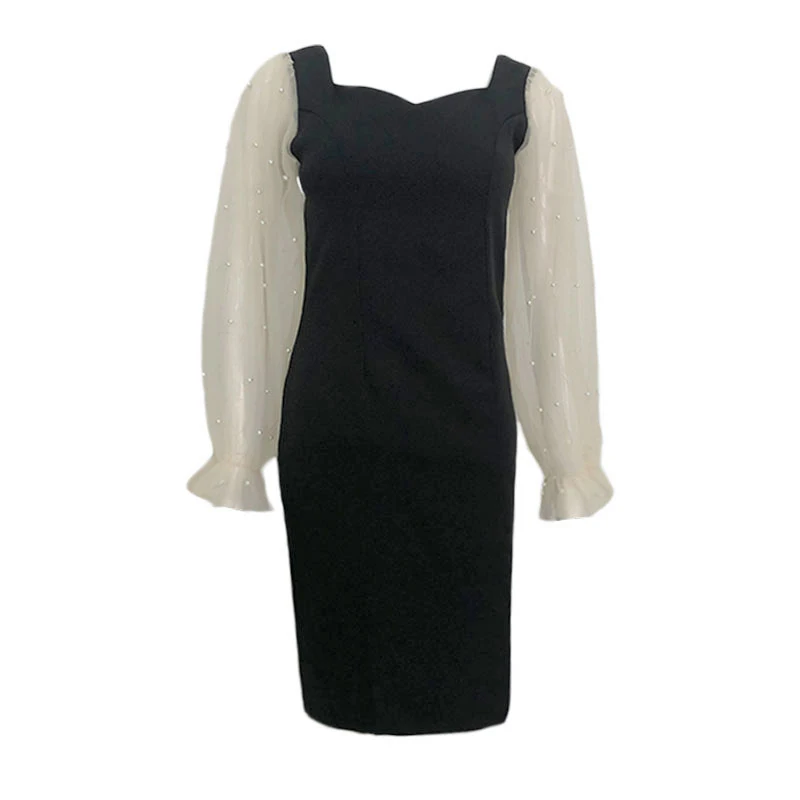 

Women's Spring Autumn New Dress Ladies Temperament Mesh Patchwork Lantern Sleeve Beading High Waist Slit Black Dress ML626