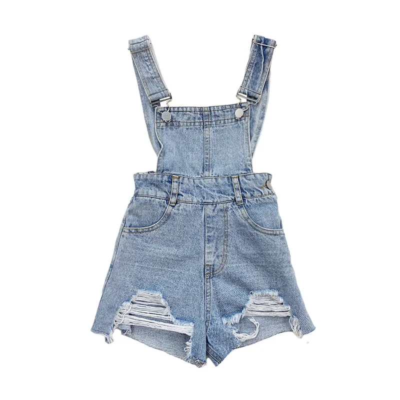 

Girls retro denim overalls 2021 summer new cool girl shorts with ripped holes jeans
