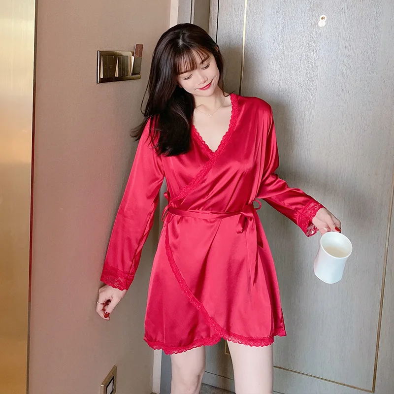 Spring Summer 2021 New Women's Robe Elastic Satin Sexy Nightgown Lace Bathrobe Home Dress Morning Gown Sleepwear Japanese Kimono